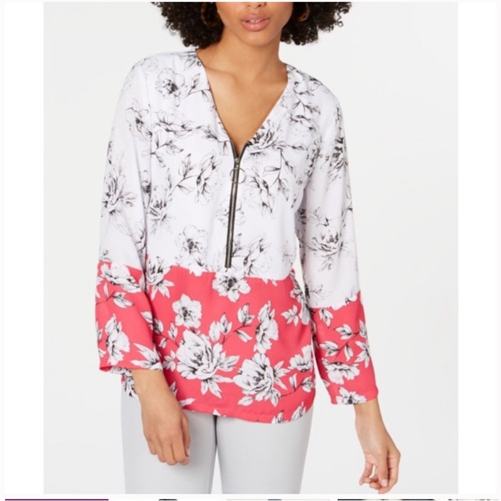 ALFANI Pink Chiffon Front Floral Colorblock Top Size 0X